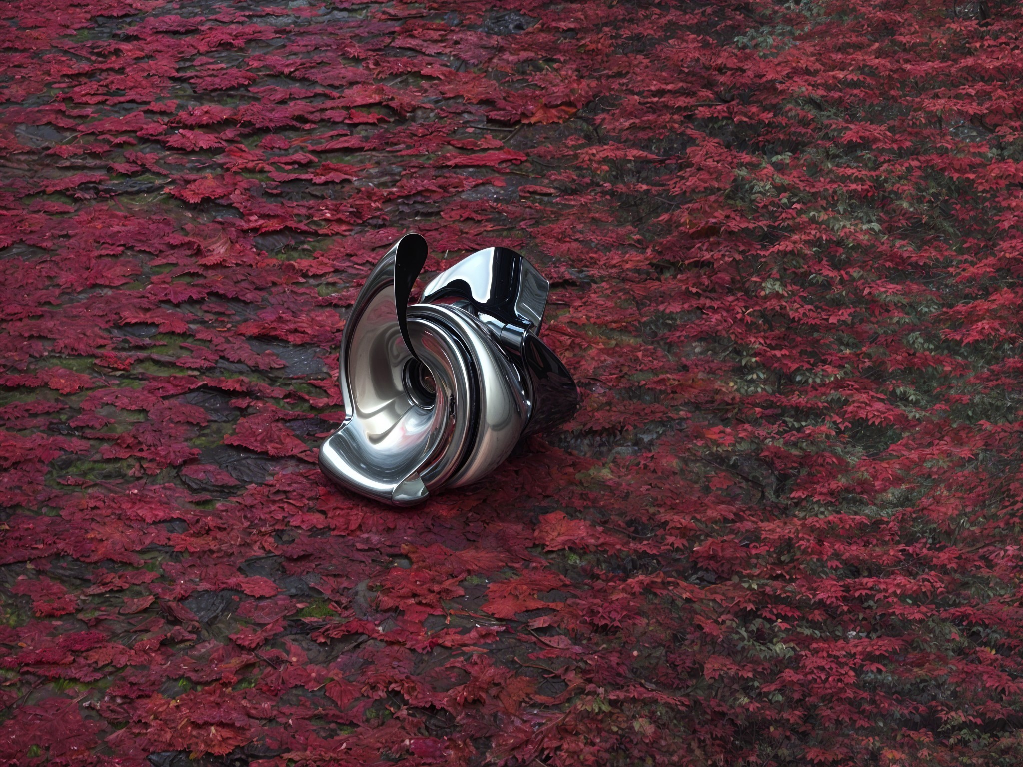 Metallic Turbine on Vibrant Red Autumn Leaves