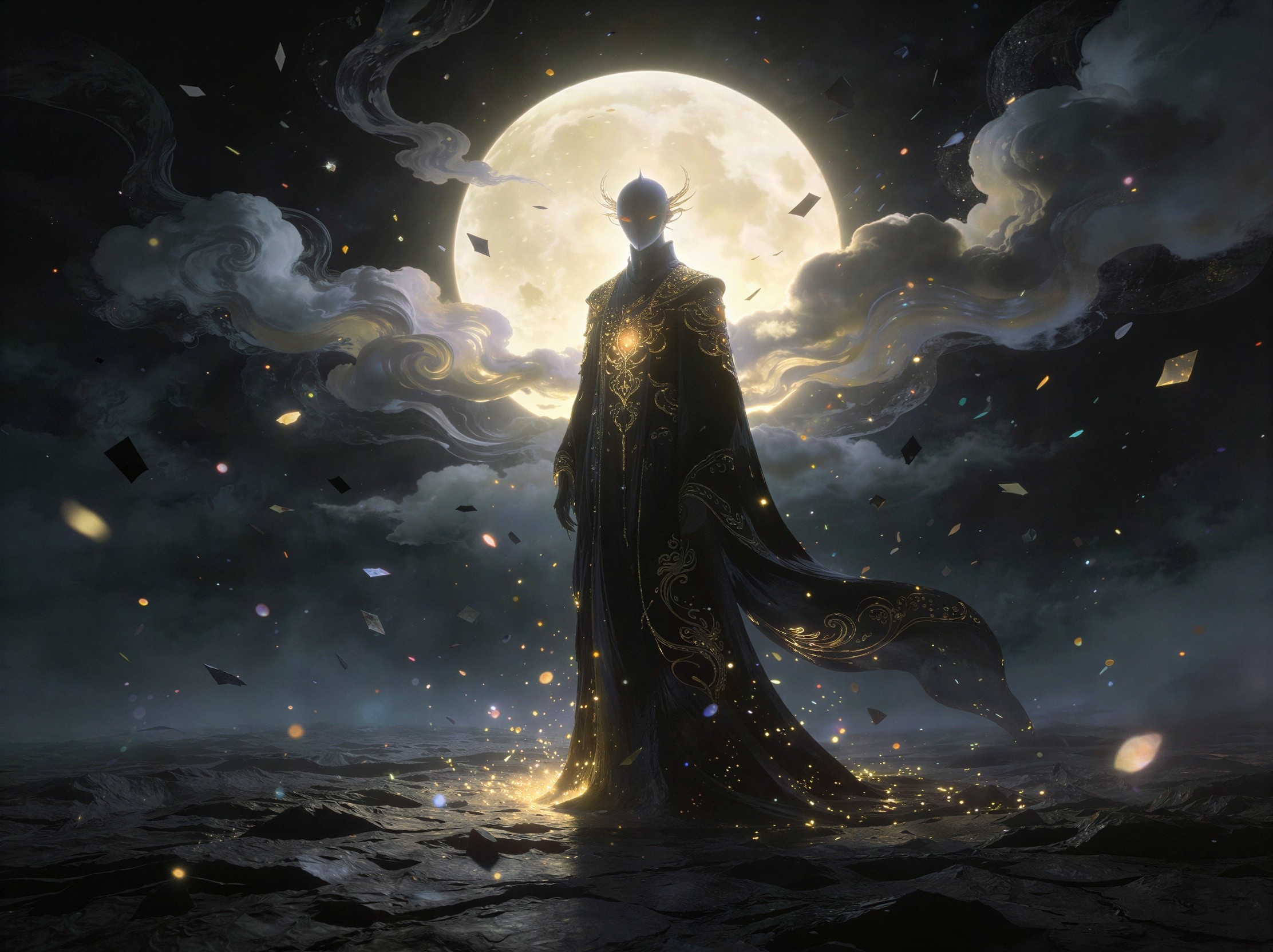 Alien mage in ornate teal robe on rocky terrain