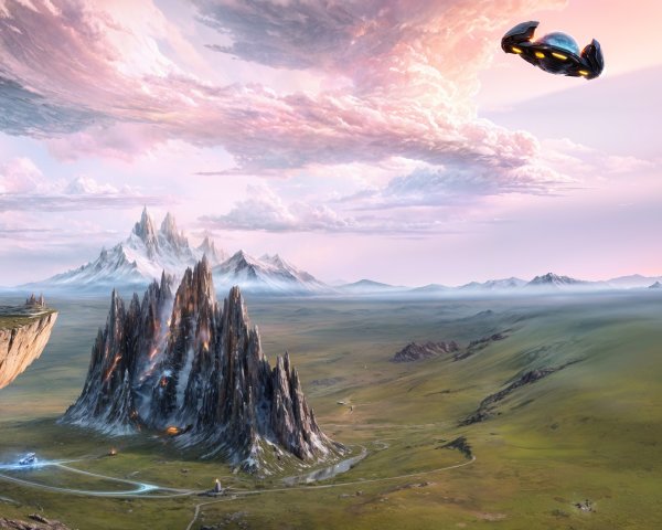 Futuristic landscape with mountains, spacecraft, and settlement