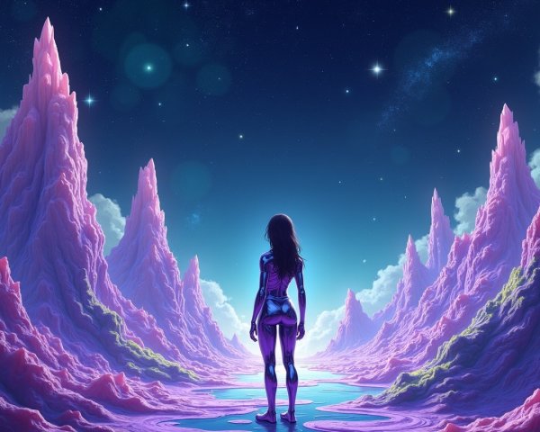 Surreal Landscape with Vibrant Peaks and Starry Sky