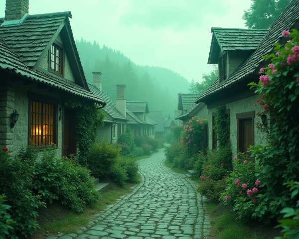 Cobblestone Path in Quaint Village with Stone Cottages