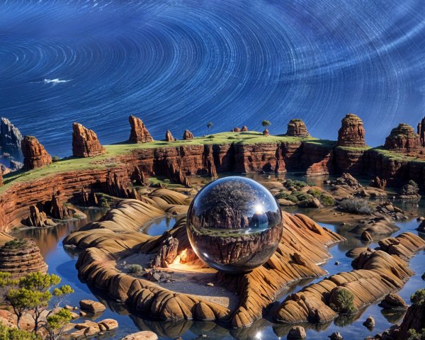 Surreal Landscape with Red Rocks and Reflective Orb