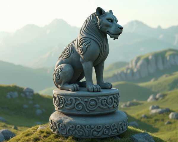 Stone Lion Statue on Detailed Pedestal with Scenic Hills
