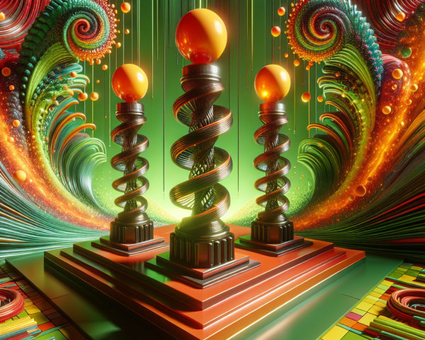 Vibrant Digital Artwork of Twisted Pillars and Orbs