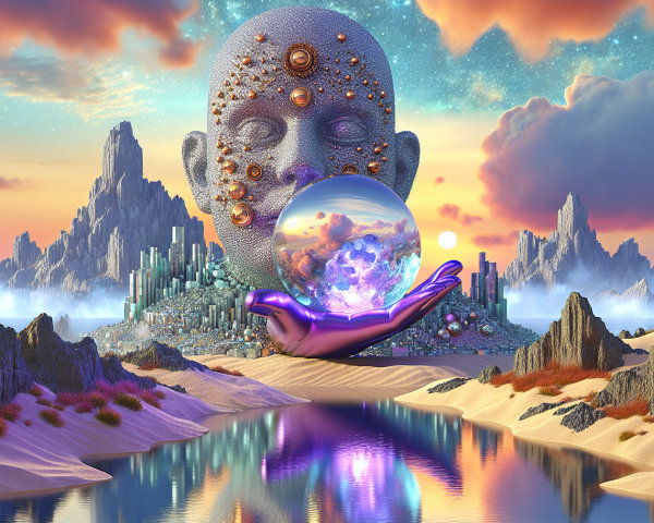 Surreal Landscape with Giant Head and Colorful Sky