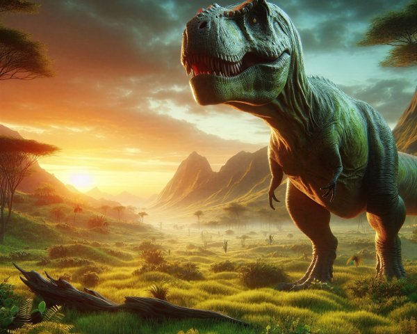 Tyrannosaurus rex in a vibrant prehistoric landscape
