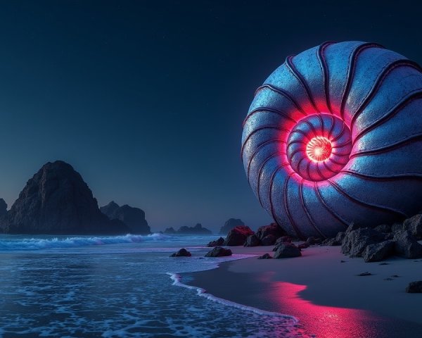 Glowing Nautilus Shell on a Tranquil Beach at Dusk