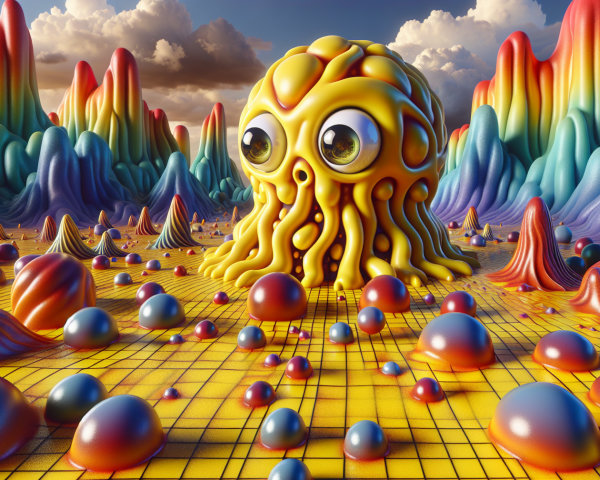 Colorful Whimsical Landscape with Cartoonish Creature