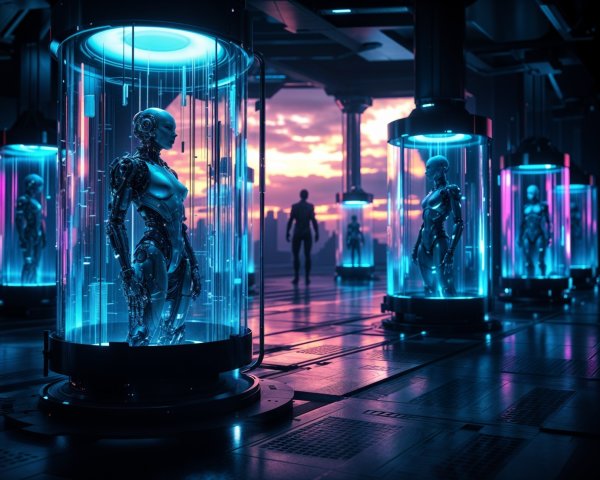 Futuristic Laboratory with Humanoid Robots and Lighting