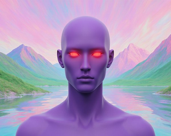 Stylized Purple Humanoid in Vibrant Landscape Scene