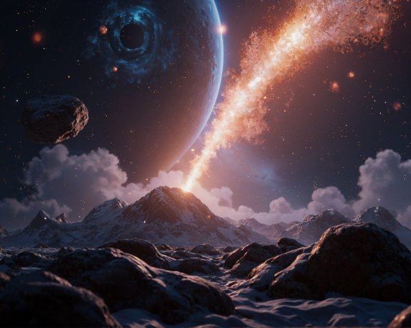 Cosmic Scene with Planet, Rings, and Black Hole