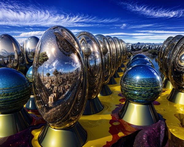 Surreal Landscape with Reflective Spherical Objects
