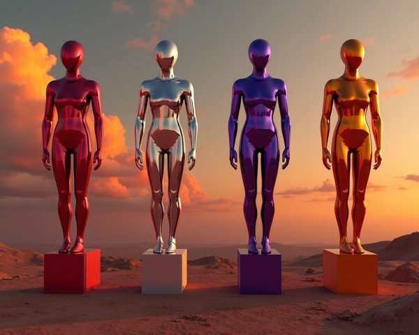 Glossy Humanoid Figures in Metallic Finishes at Sunset
