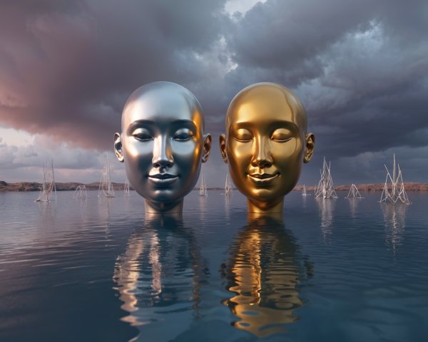 Stylized Silver and Gold Faces Above Reflective Water