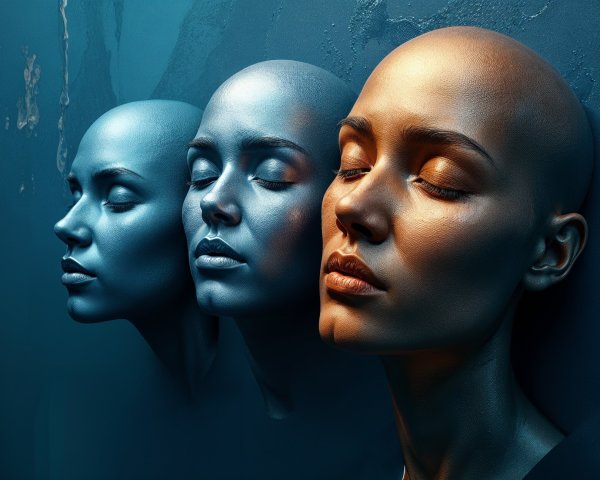 Three Stylized Bald Female Figures in Vivid Colors