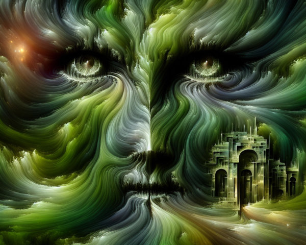 Abstract Face with Green Brushstrokes and Ornate Structure