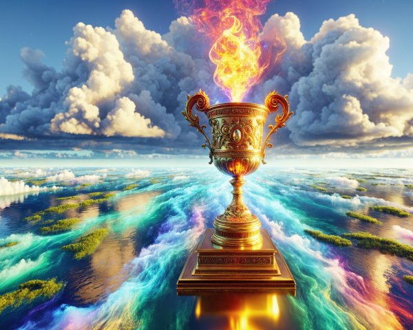 Trophy on Pedestal with Flames and Scenic Background