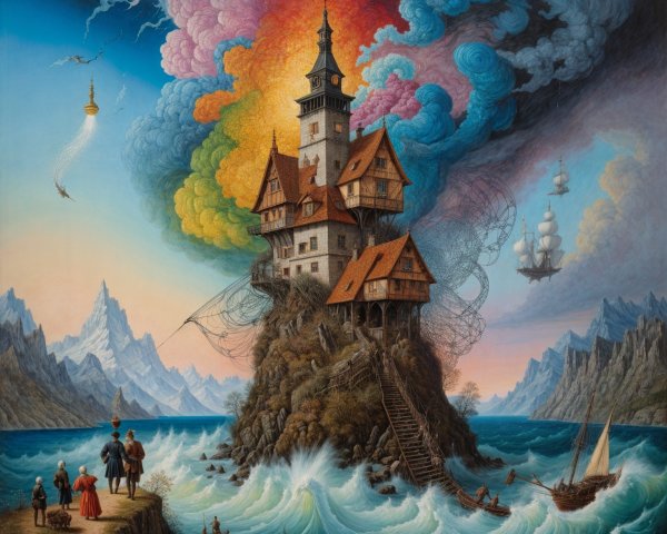 Whimsical Castle on Rocky Isle with Turbulent Waves