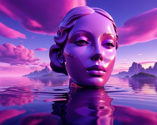 Reflective Purple-Hued Head in Surreal Landscape