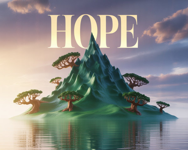 Surreal Island Landscape with Bold "HOPE" Displayed