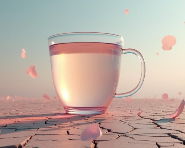 Glass Cup with Water and Pink Petals on Dry Surface