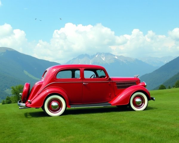 Vintage Red Car on Green Lawn with Mountain View