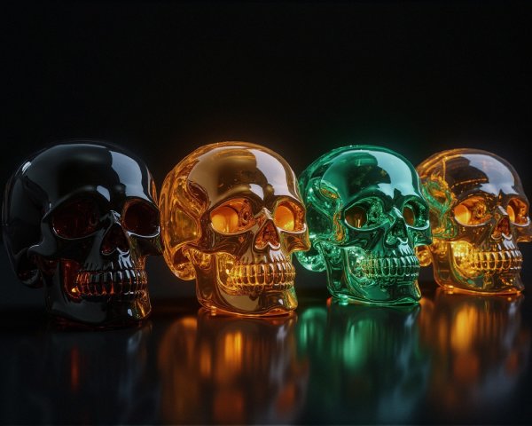 Display of Four Colorful Glass Skulls on Dark Background