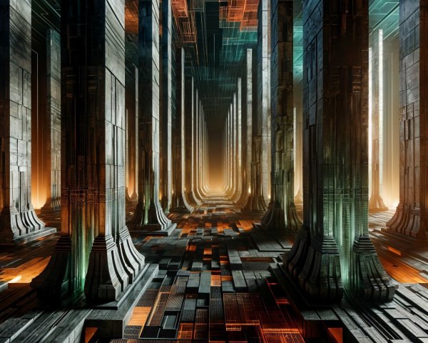 Futuristic corridor with intricate pillars and lighting