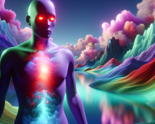 Surreal Landscape with Humanoid Figure and Vibrant Colors