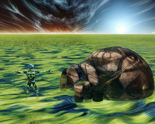 Surreal Landscape with Humanoid Figure and Elephant