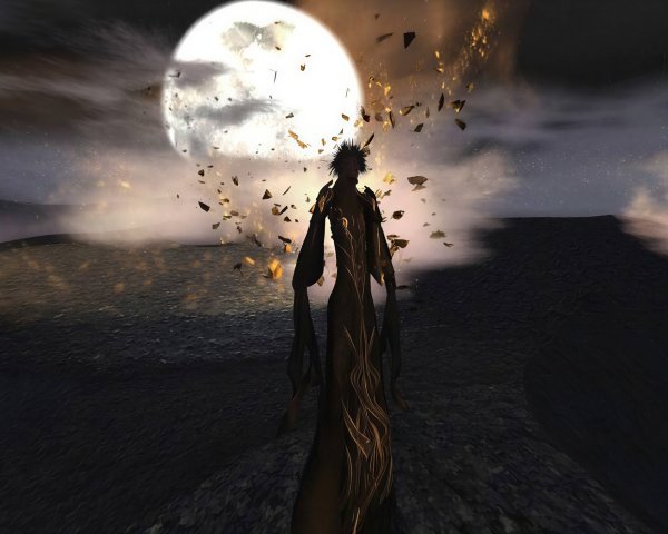 Dark-Skinned Ghost Character in Flowing Drapery with Moon