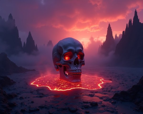 Glowing Skull Emerges from Lava in Dark Landscape