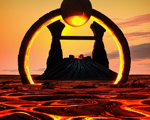 Surreal Landscape with Glowing Archway and Lava Flow