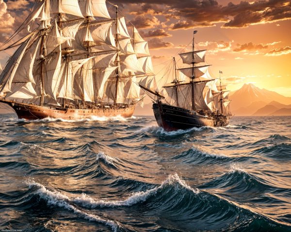 Tall Ships Sailing at Sunset with Distant Mountains