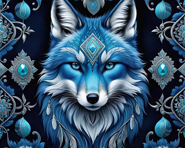 Majestic Tribal Blue and White Fox Digital Painting
