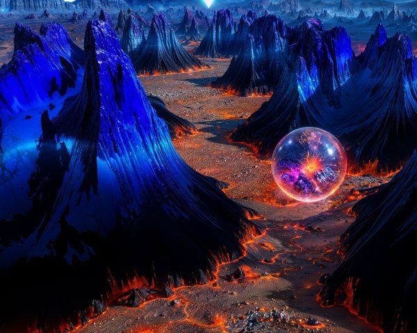 Surreal landscape with jagged mountains and glowing lava