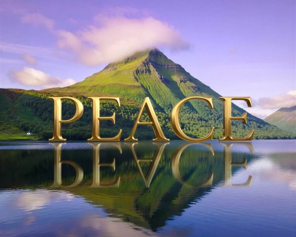 Golden "PEACE" Reflection in Calm Blue Lake Scene