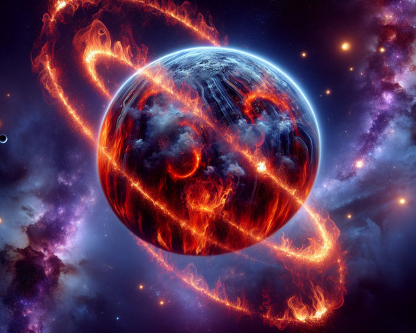 Cosmic Scene with Molten Planet and Colorful Galaxy