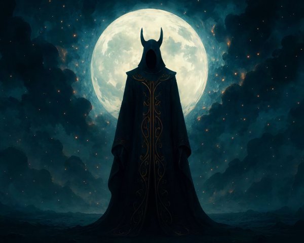Hooded Horned Figure Under Full Moon and Starry Sky