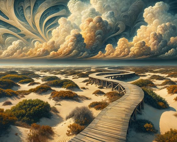 Wooden Boardwalk Through Dunes to Colorful Ocean Sky