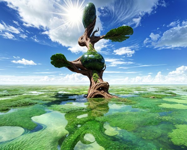 Surreal Landscape with Unique Tree and Reflective Water