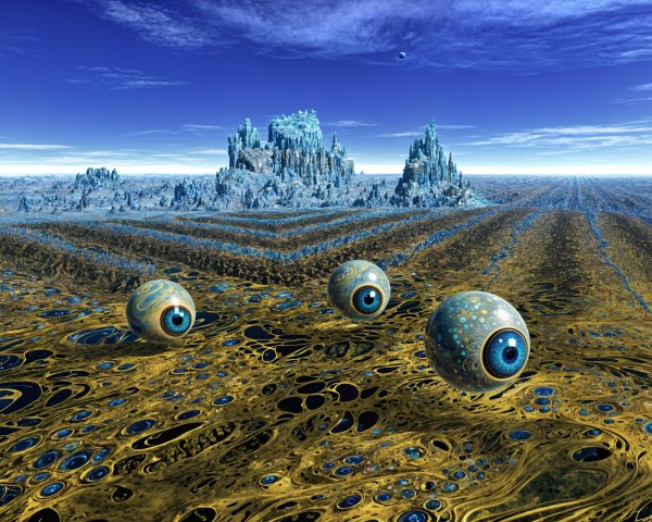 Surreal Landscape with Golden Terrain and Ice Mountains
