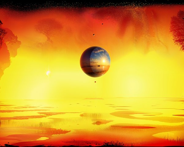 Surreal Landscape with Fiery Gradient and Celestial Elements
