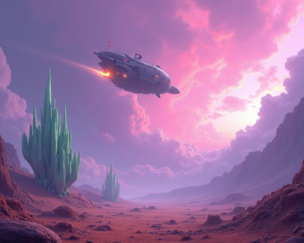 Futuristic Spaceship Over Alien Landscape with Crystals