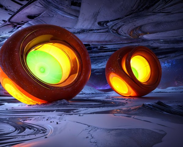 Surreal Landscape with Glowing Spheres and Cosmic Colors