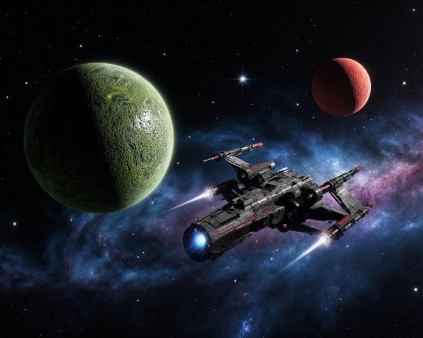 Sleek Spaceship Amidst Two Planets in Space Scene