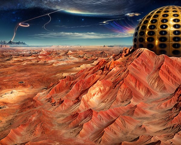 Surreal Alien Landscape with Red Mountains and Dome
