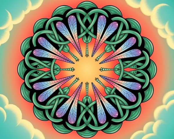 Vibrant Mandala with Green Leaves and Geometric Shapes