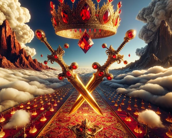 Crown and Swords in a Majestic Mountain Landscape