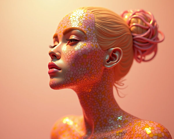 Stylized Portrait of Female Figure with Mosaic Skin